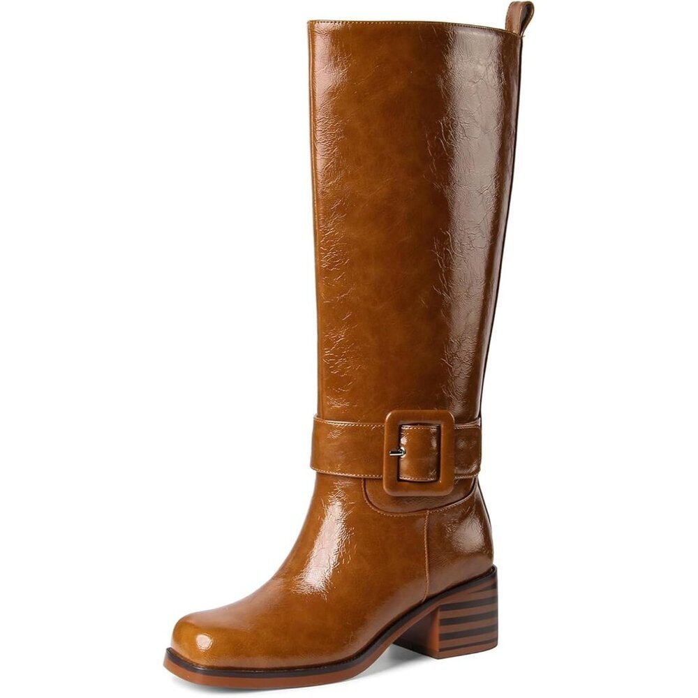 Women's B-brown Chunky Low Heel Pull On Riding Comfortable Knee High Boots